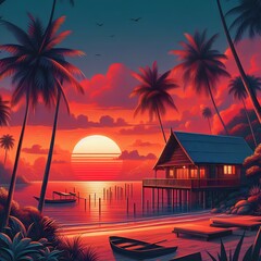 Tropical sunset, overwater bungalow, palm trees silhouettes, vibrant red and orange sky, calm ocean reflections, small boat in foreground, glowing sun on horizon