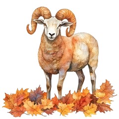 Canvas Print - Watercolor illustration of a ram with autumn leaves