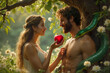 © Maxim Chuev - lapse from virtue. Adam and Eve in Garden of Eden. Eva giving Adam red apple. serpent tempter in paradise. Christian religious legendary story. green ancient snake devil lucifer satan. fall from grace