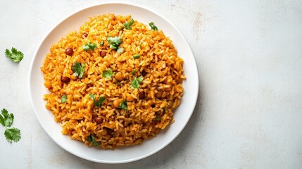 A traditional Puerto Rican arroz con gandules, rice with pigeon peas, on a white plate with ample space for text or communication.