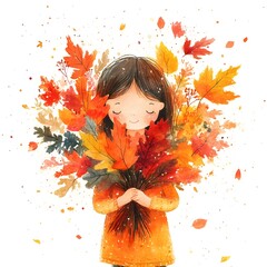 Sticker - Cute Girl Holding Autumn Leaves Watercolor Illustration