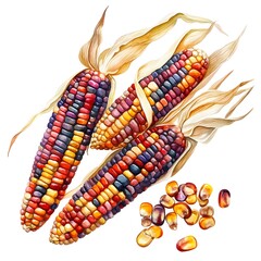 Sticker - Watercolor Illustration of Two Colorful Indian Corn Ears