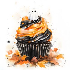 Canvas Print - Watercolor Halloween Cupcake with Ghost and Fall Leaves