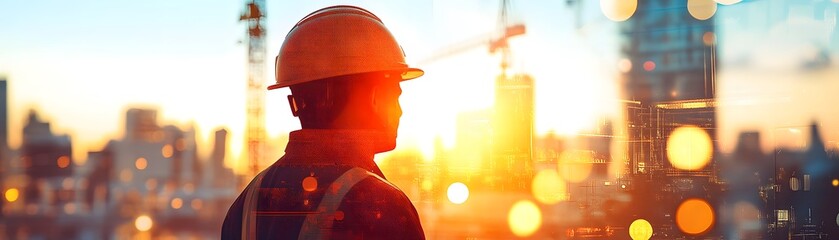 Canvas Print - Construction Worker Silhouette Against City Skyline at Sunset