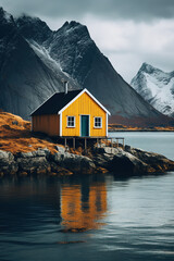 Wall Mural - A yellow cabin sitting on the shore with mountains