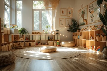 Bright and Cozy Kindergarten Room with Wooden Blocks and Educational Toys