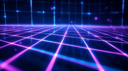 Poster - Cyan blue and purple grids neon glow light lines design on perspective floor, creativity, digital, internet, cyberpunk, virtual reality concept, hi-tech abstract backgroud.