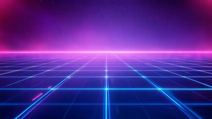 Poster - Cyan blue and purple grids neon glow light lines design on perspective floor, creativity, digital, internet, cyberpunk, virtual reality concept, hi-tech abstract backgroud.