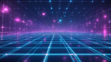 Poster - Cyan blue and purple grids neon glow light lines design on perspective floor, creativity, digital, internet, cyberpunk, virtual reality concept, hi-tech abstract backgroud.