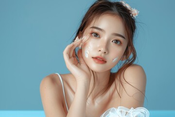 Wall Mural - Young beautiful Asian woman with clean fresh skin touching face posing on blue background beauty concept isolated studio portrait girl white dress sitting table pastel color backdrop