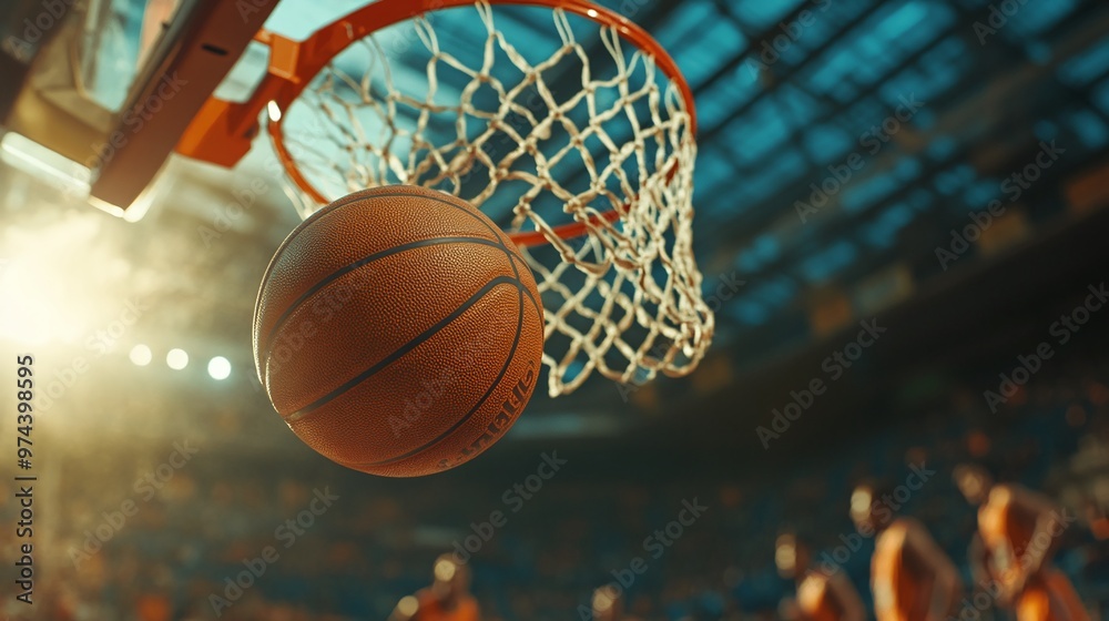 dynamic basketball play with the ball going through the hoop, capturing ...