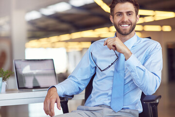 Aufkleber - Business, man and smile at office with glasses on portrait with confidence for career growth as lawyer. Male person, professional and happy with laptop with pride as legal advisor or consultant