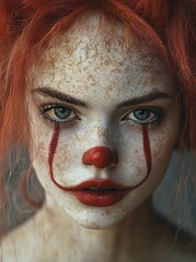 Canvas Print - Close-up portrait of a woman with red hair, freckles, and clown makeup, looking directly at the camera with a serious expression.