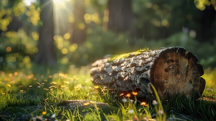 Wall Mural - Sunlit Forest Log with Wildflowers: A Peaceful Scene