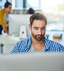 Aufkleber - Small business, man and graphic designer on computer for online website, programming or software. Typing, face and creative editing at media agency on desktop for digital test, research or skills