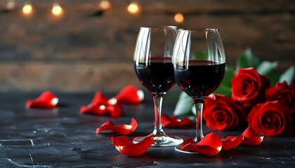 Romantic dinner setting with red wine glasses and rose petals on a black table, embodying elegance and passion for celebrations of love.