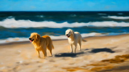 oil painting  two golden retriever dogs enjoying nature at the beautiful beac