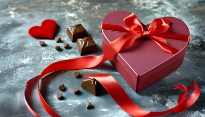 Wall Mural - Decadent heart-shaped gourmet chocolate box adorned with a satin ribbon for a romantic Valentines Day celebration