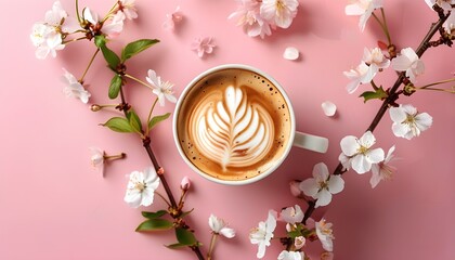 Wall Mural - Elegant latte art in a coffee cup surrounded by delicate cherry blossoms on a soft pink background, evoking springtime beauty and warmth for Mothers Day or a joyful morning.