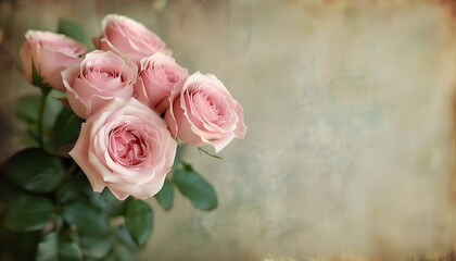 Romantic bouquet of soft pink roses on vintage textured background, perfect for Valentines Day themes and elegant greeting cards or wedding invitations