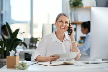 Poster - Phone call, tablet and portrait of mature businesswoman in office with smile, contact and planning at digital agency. Woman, designer or consultant at tech startup with smartphone in coworking space