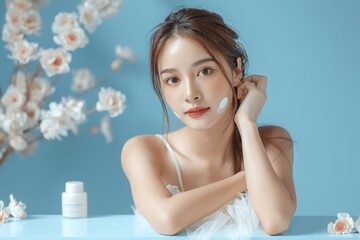 Wall Mural - Young Asian woman with clean skin posing in white dress on blue background, beauty concept portrait for skincare, spa, and aesthetic treatments