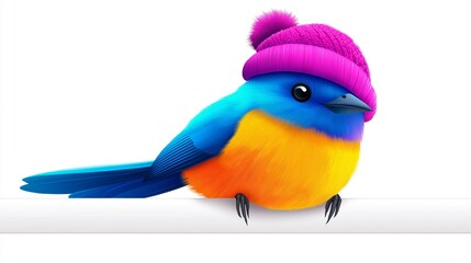 Wall Mural - A colorful bird with a pink hat on its head. The bird is sitting on a white surface