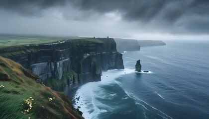 Wall Mural - Majestic Foggy Cliffs of Moher overlooking the stormy Atlantic Ocean, showcasing the breathtaking beauty of Irish landscapes and nature