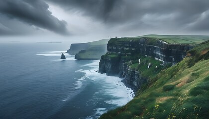 Wall Mural - Majestic Foggy Cliffs of Moher overlooking the stormy Atlantic Ocean, showcasing the breathtaking beauty of Irish landscapes and nature