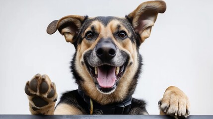 Wall Mural - A dog with a black and brown coat is smiling and wagging its tail. The dog's paws are visible, and it is enjoying the moment