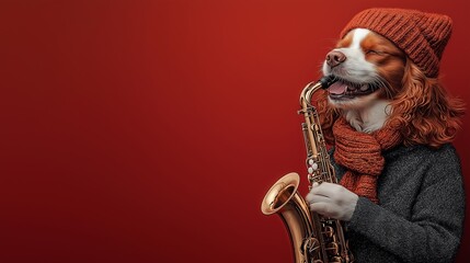 A dog is playing a saxophone on a red background. The dog is wearing a red hat and a scarf