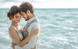 © rakT - couple on the beach , Side view of cheerful young bride and groom with sea views background