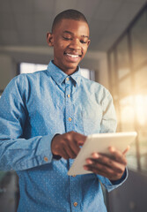 Poster - Smile, business and black man with tablet in office of project research, communication and financial report. Person, digital website and reading email, kpi information and proposal progress at night