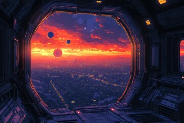 Fototapete - Retro Sci-Fi Space Station Corridor with Pixelated Windows and Distant Planets in 16-Bit Style