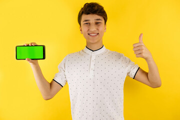 Portrait of young man points his finger at the smartphone screen on yellow background. Copy space, close up.