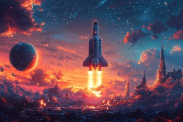 Fototapete - Retro Sci-Fi Space Shuttle Journey with Pixelated Stars and Glowing Engines in 16-Bit Style