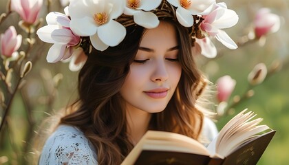 Wall Mural - Serene young woman adorned with a magnolia wreath reading in a blossoming spring garden, embodying relaxation and the joy of education during Easter celebrations