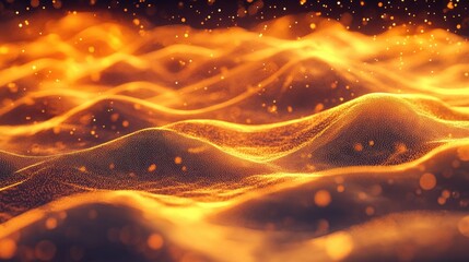 Wall Mural - Abstract digital art featuring glowing waves of golden light particles forming a fluid, undulating pattern.