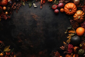 A black background with a variety of fruits and vegetables, including apples, oranges, and pumpkins