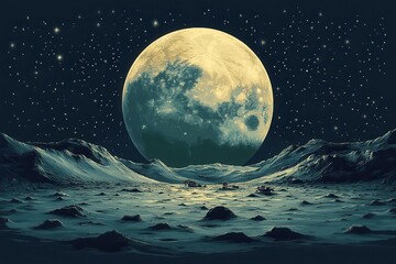 Fototapete - Pixelated Moon Crater Exploration: Vintage 8-bit Space Adventure with Lunar Rovers and Distant Planets in Gray Tones