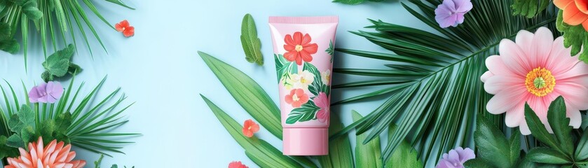 Hand cream tube with vibrant flowers, palm leaves, and herbs, cartoonish elements, soft and playful setting, hand cream, skincare, cute style, product display