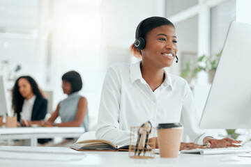 Poster - Call center, woman and consultant with headset typing to client for customer service, technical support and advice. Telemarketing, agent and help desk operator with microphone for assistance
