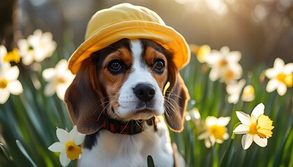 Wall Mural - Charming beagle puppy in a yellow hat surrounded by blooming daffodils under the warm sunlight, celebrating the essence of spring and Easter joy