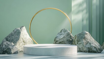 Canvas Print - Minimalist product display with a white podium, rocks, and golden ring against a light green background.