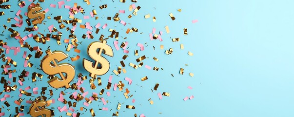 Festive scene with golden dollar signs and colorful confetti on a blue background, symbolizing celebration and financial success.