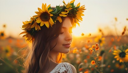 Wall Mural - Sun-kissed girl in sunflower wreath at sunset, capturing freedom and happiness amidst a golden floral field, embodying the essence of nature and celebration.