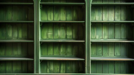 close up empty bookshelf with green painted wood, front view.