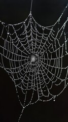 Spider web with dewdrops on dark background, intricate detail. Nature beauty and fragility concept