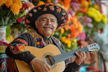 Elderly man in traditional Mexican clothing plays guitar at an altar decorated with flowers. Concept: Day of the Dead, religion, traditions, November 2