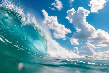  Colossal ocean wave crashing under vibrant blue sky in dynamic perspective